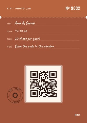 A Firi table card with a QR code: “Envelope” style on “Qvevri” paper