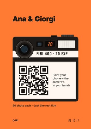 A Firi table card with a QR code: “Disposable” style on “Mandarin” paper